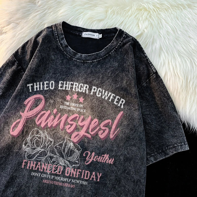 Plus Size Vintage Y2k Letter Print Women's T-shirt Trendy High-street Washed Cotton Large Size Top 2024 New Summer Cool Lady Tee