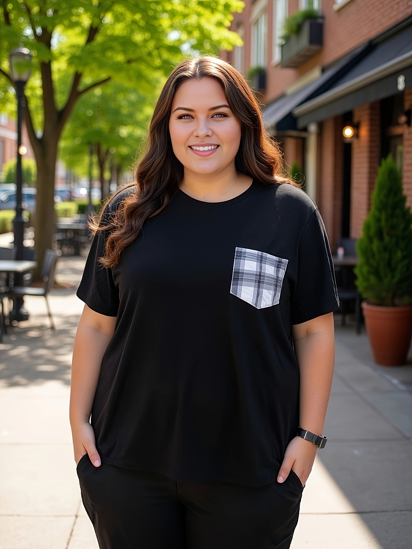 Black Top Plus Size Solid Color Short Sleeve Large Size Women'S Clothing Versatile Loose And Slim Printed Pocket T Sleeve