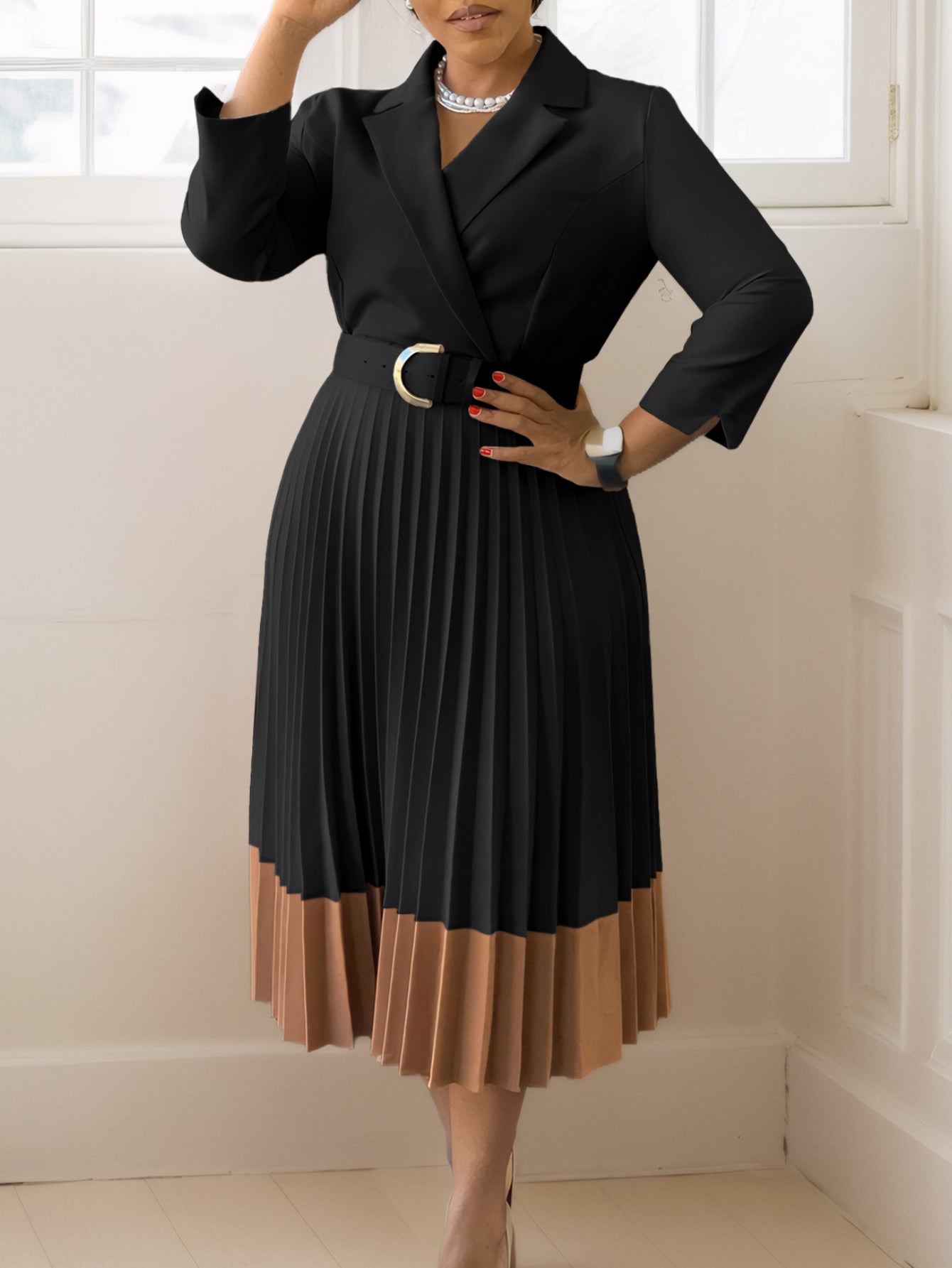 Autumn And Winter European And American Fashion Large-Size Women'S Clothing, Suit Collar Fashion OL Elegant Pleated Large-Size Dress