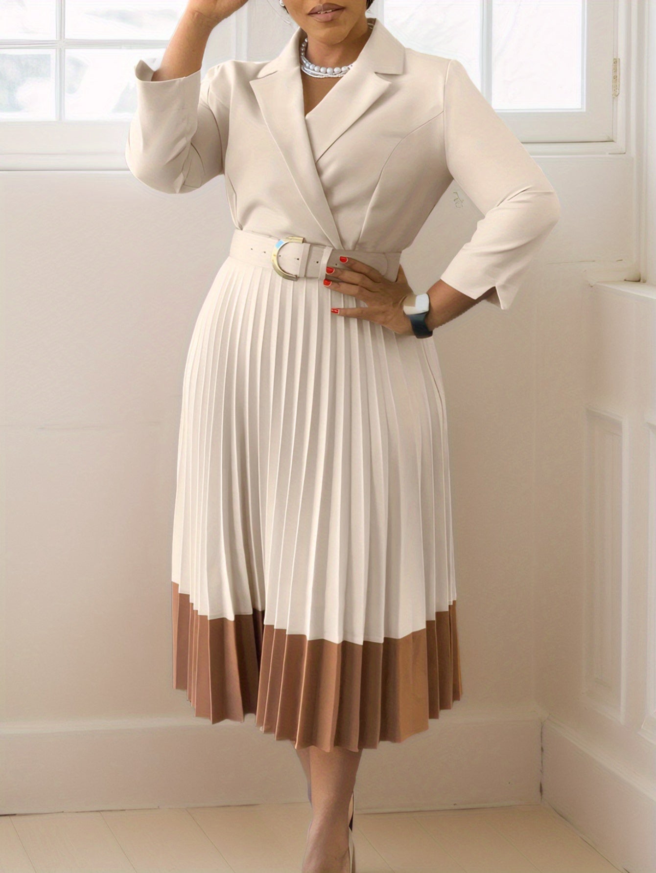 Autumn And Winter European And American Fashion Large-Size Women'S Clothing, Suit Collar Fashion OL Elegant Pleated Large-Size Dress