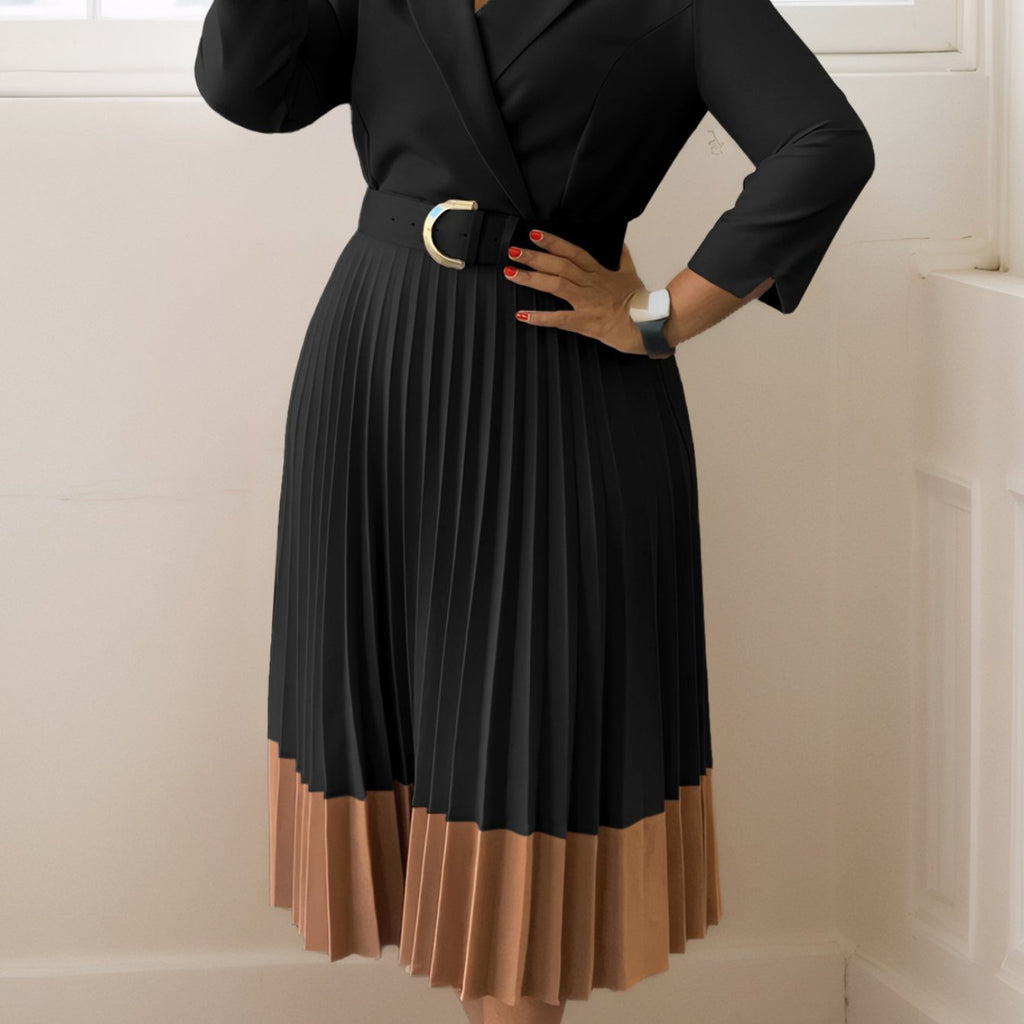 Autumn And Winter European And American Fashion Large-Size Women'S Clothing, Suit Collar Fashion OL Elegant Pleated Large-Size Dress