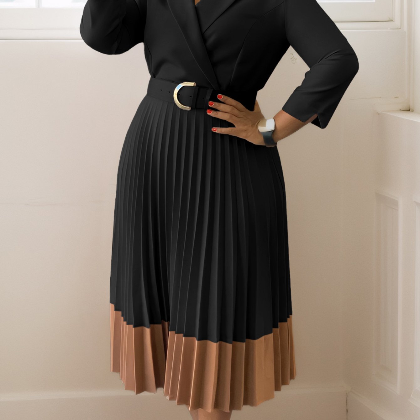 Autumn And Winter European And American Fashion Large-Size Women'S Clothing, Suit Collar Fashion OL Elegant Pleated Large-Size Dress