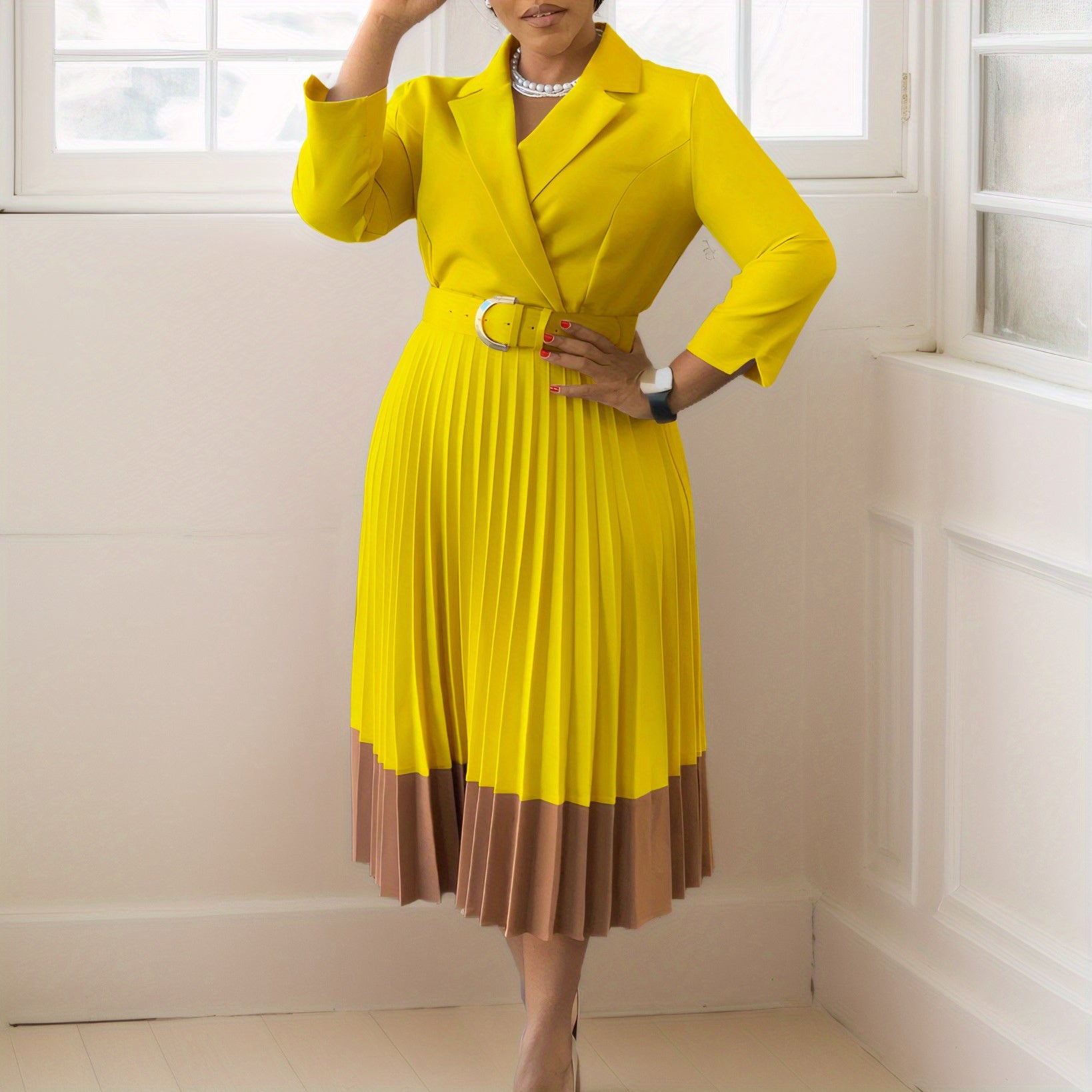 Autumn And Winter European And American Fashion Large-Size Women'S Clothing, Suit Collar Fashion OL Elegant Pleated Large-Size Dress