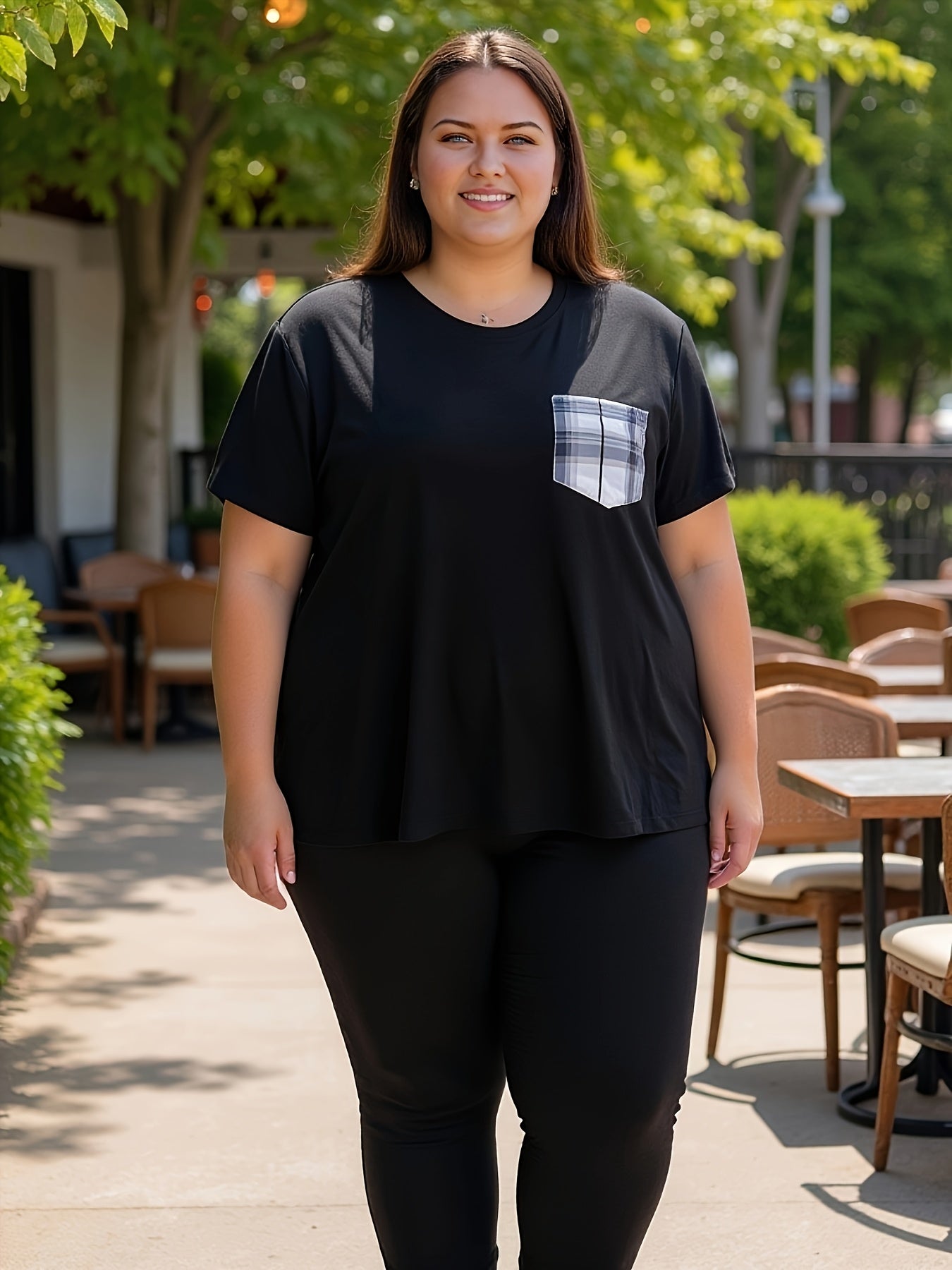 Black Top Plus Size Solid Color Short Sleeve Large Size Women'S Clothing Versatile Loose And Slim Printed Pocket T Sleeve