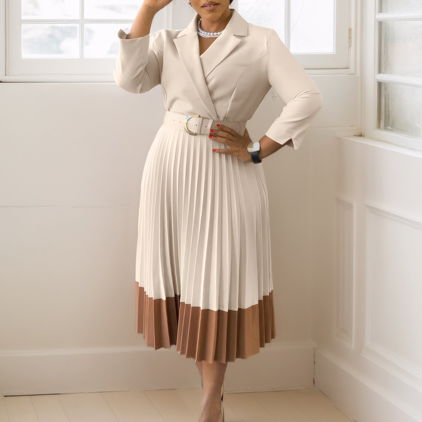 Autumn And Winter European And American Fashion Large-Size Women'S Clothing, Suit Collar Fashion OL Elegant Pleated Large-Size Dress