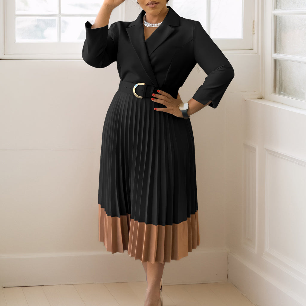 Autumn And Winter European And American Fashion Large-Size Women'S Clothing, Suit Collar Fashion OL Elegant Pleated Large-Size Dress