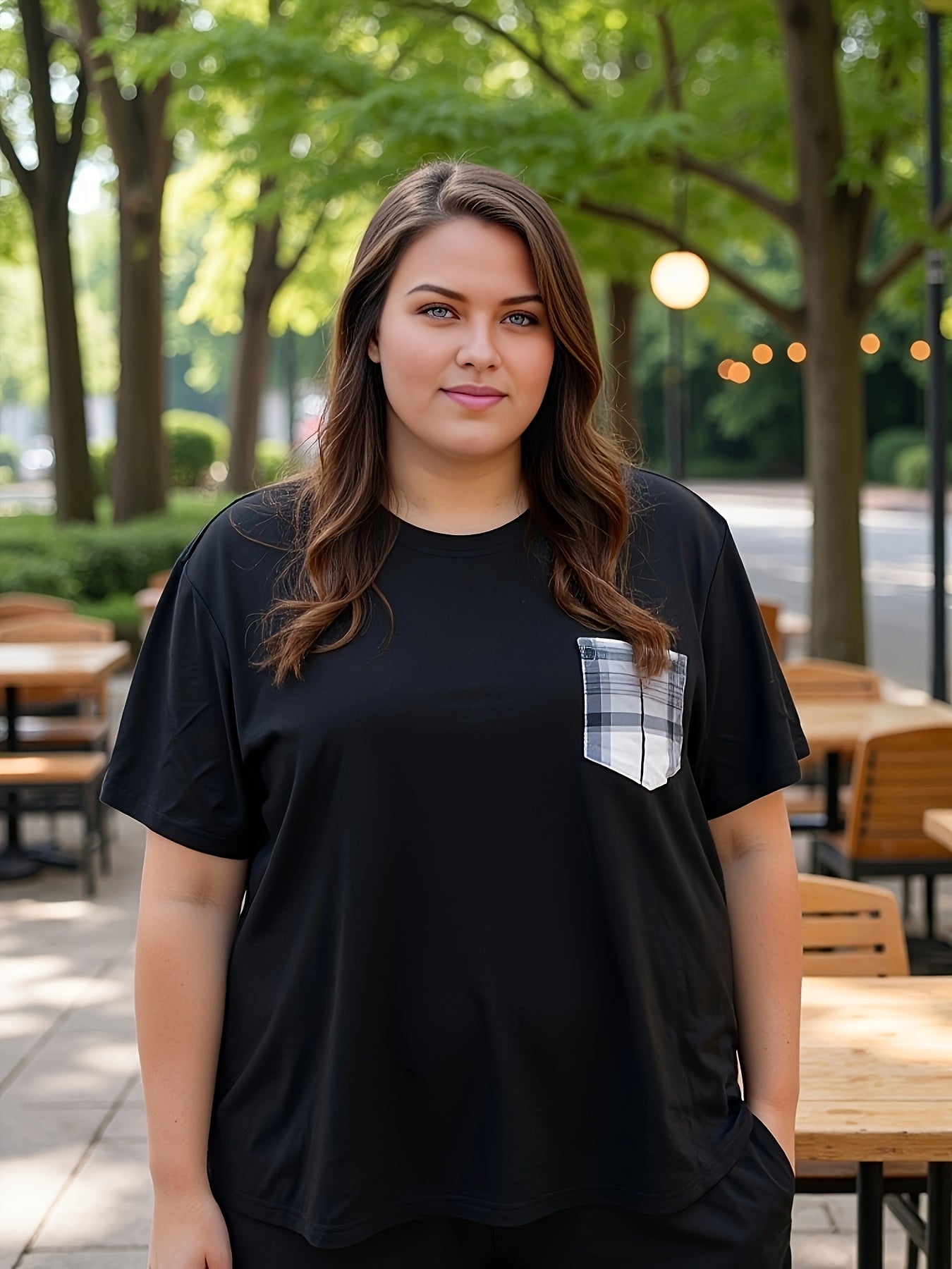Black Top Plus Size Solid Color Short Sleeve Large Size Women'S Clothing Versatile Loose And Slim Printed Pocket T Sleeve