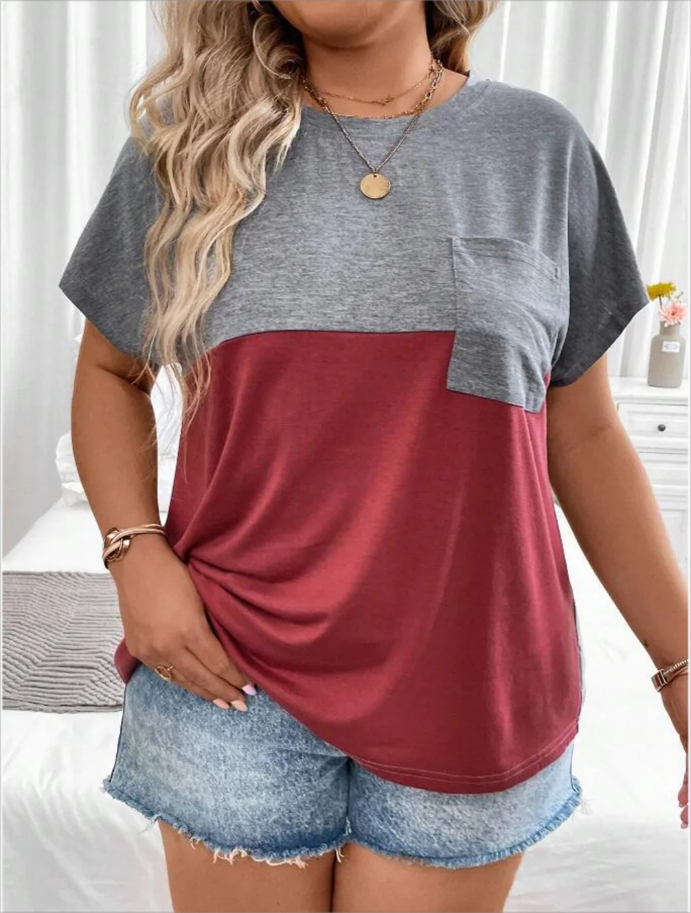 Plus Size European and American Cross Border New Women's Loose Short Sleeve Patchwork Pocket T-shirt Top