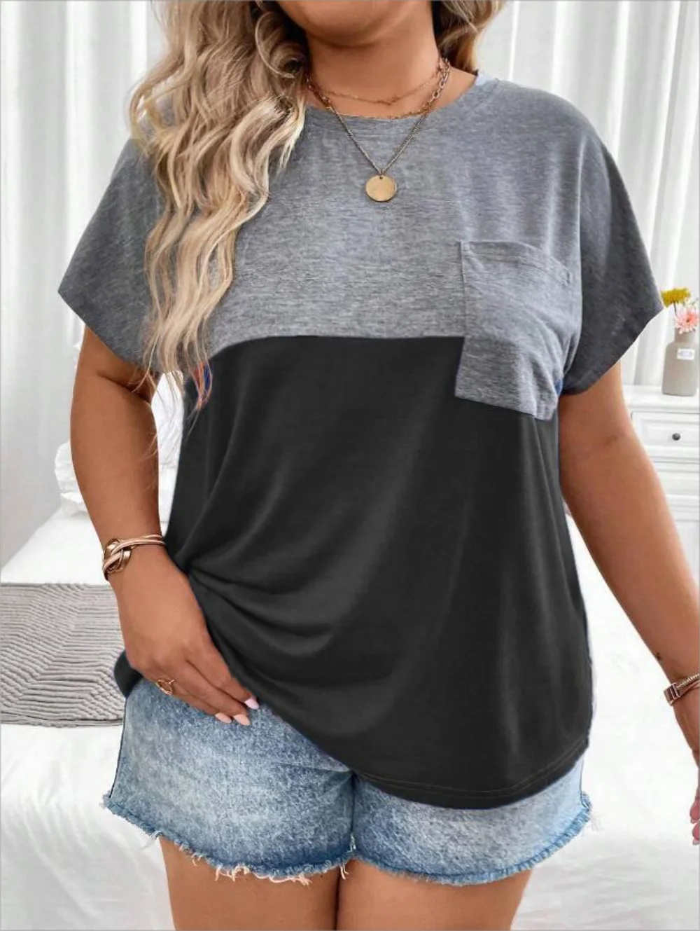 Plus Size European and American Cross Border New Women's Loose Short Sleeve Patchwork Pocket T-shirt Top