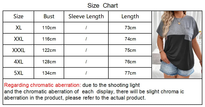 Plus Size European and American Cross Border New Women's Loose Short Sleeve Patchwork Pocket T-shirt Top