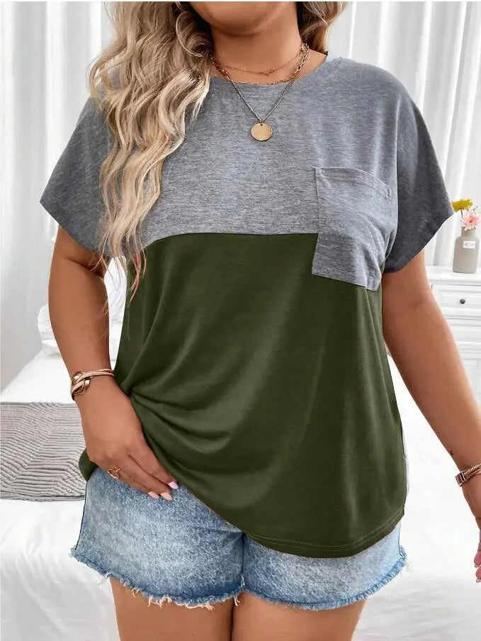 Plus Size European and American Cross Border New Women's Loose Short Sleeve Patchwork Pocket T-shirt Top