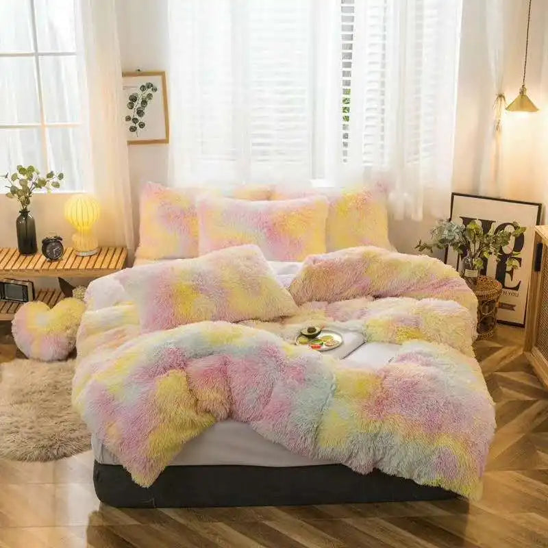 Long Hair Bedding Set,Green Mink Flannel Velvet Duvet Cover Set,Solid Warm Fleece Winter Bed Linens, 3/4pcs Queen Home Bedding