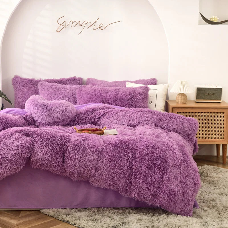 Long Hair Bedding Set,Green Mink Flannel Velvet Duvet Cover Set,Solid Warm Fleece Winter Bed Linens, 3/4pcs Queen Home Bedding