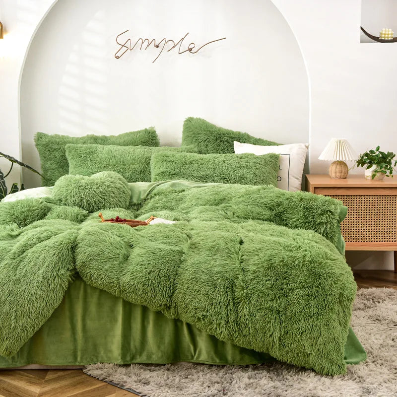 Long Hair Bedding Set,Green Mink Flannel Velvet Duvet Cover Set,Solid Warm Fleece Winter Bed Linens, 3/4pcs Queen Home Bedding