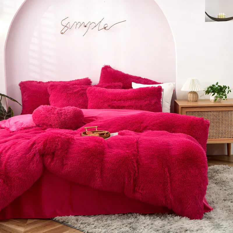 Long Hair Bedding Set,Green Mink Flannel Velvet Duvet Cover Set,Solid Warm Fleece Winter Bed Linens, 3/4pcs Queen Home Bedding