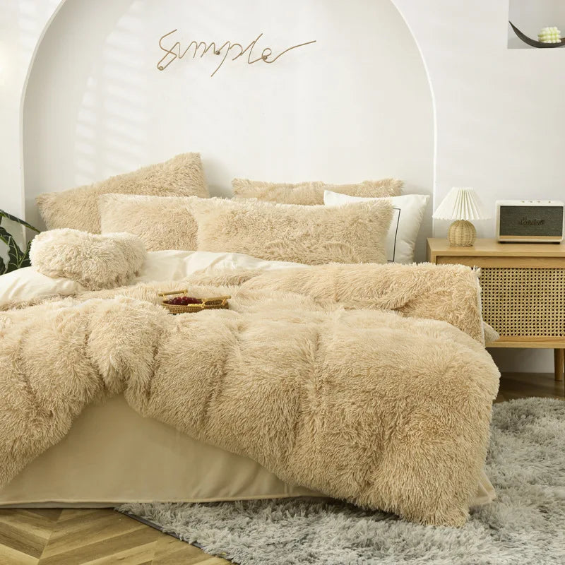 Long Hair Bedding Set,Green Mink Flannel Velvet Duvet Cover Set,Solid Warm Fleece Winter Bed Linens, 3/4pcs Queen Home Bedding