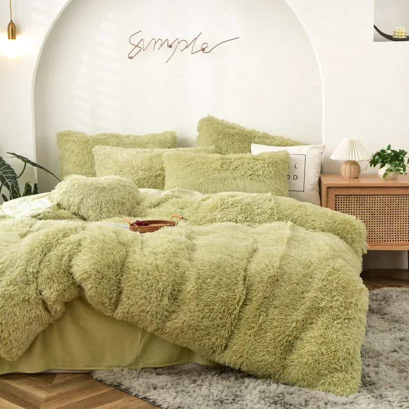 Long Hair Bedding Set,Green Mink Flannel Velvet Duvet Cover Set,Solid Warm Fleece Winter Bed Linens, 3/4pcs Queen Home Bedding
