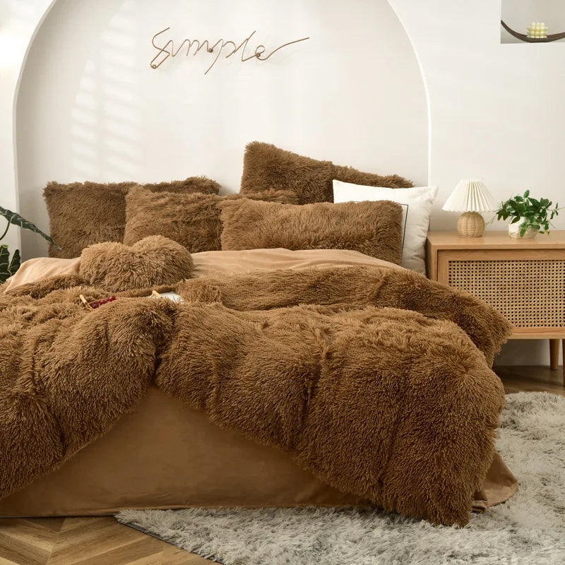 Long Hair Bedding Set,Green Mink Flannel Velvet Duvet Cover Set,Solid Warm Fleece Winter Bed Linens, 3/4pcs Queen Home Bedding