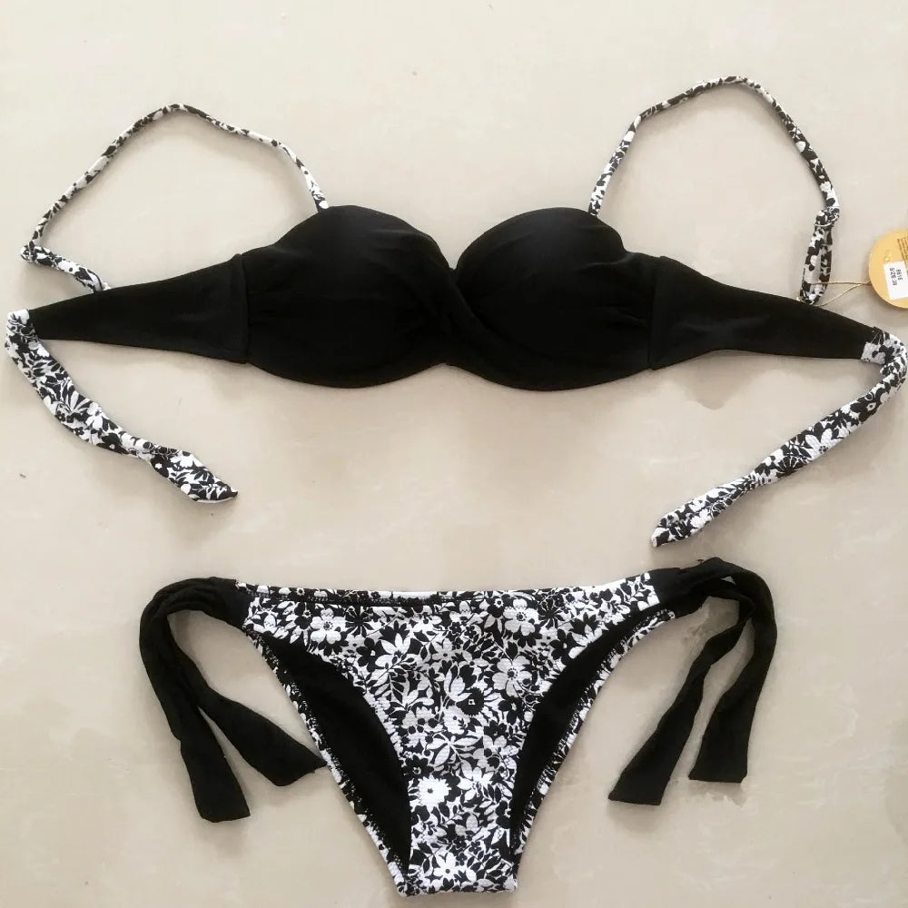 Ensemble Bikini à Bandes Unies avec Sangles, Bikini Push-Up Blanc, Maillot de Bain Brésilien Bandeau
