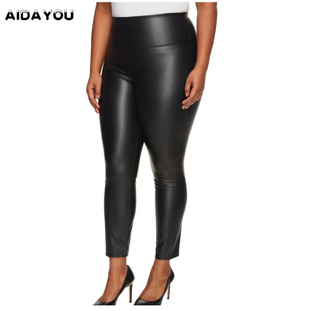 Shiny Stretchy Faux Leather Leggings Plus Size Super Stretchy Spandex Clothing PU Leather Pant Tummy Control Oversized Pants