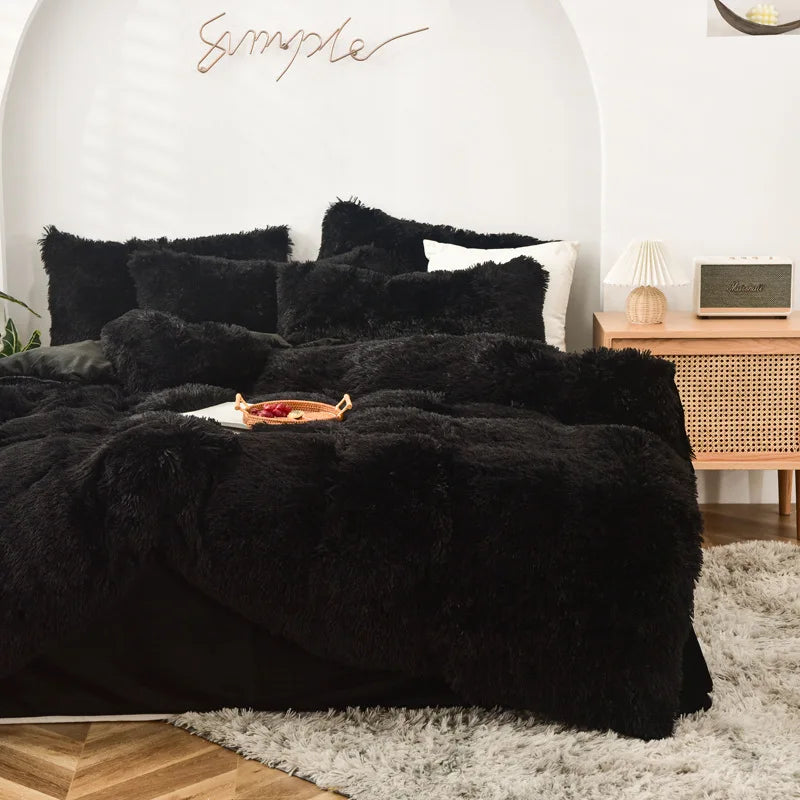 Long Hair Bedding Set,Green Mink Flannel Velvet Duvet Cover Set,Solid Warm Fleece Winter Bed Linens, 3/4pcs Queen Home Bedding