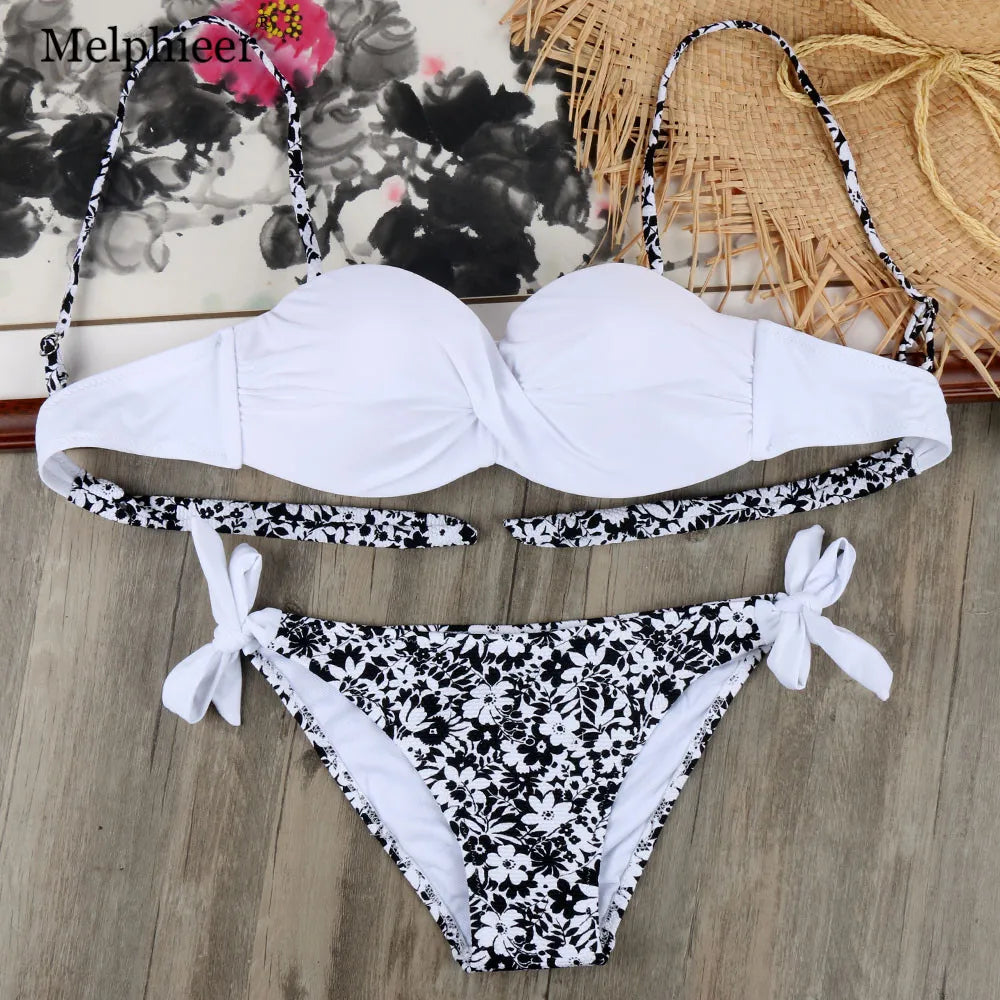 Ensemble Bikini à Bandes Unies avec Sangles, Bikini Push-Up Blanc, Maillot de Bain Brésilien Bandeau