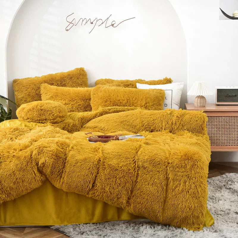 Long Hair Bedding Set,Green Mink Flannel Velvet Duvet Cover Set,Solid Warm Fleece Winter Bed Linens, 3/4pcs Queen Home Bedding