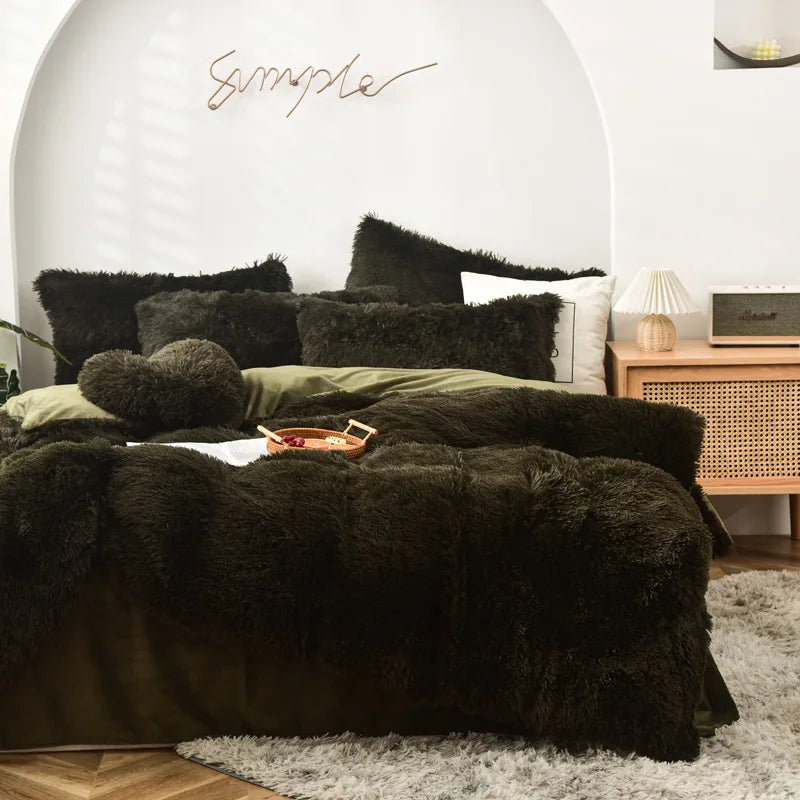 Long Hair Bedding Set,Green Mink Flannel Velvet Duvet Cover Set,Solid Warm Fleece Winter Bed Linens, 3/4pcs Queen Home Bedding