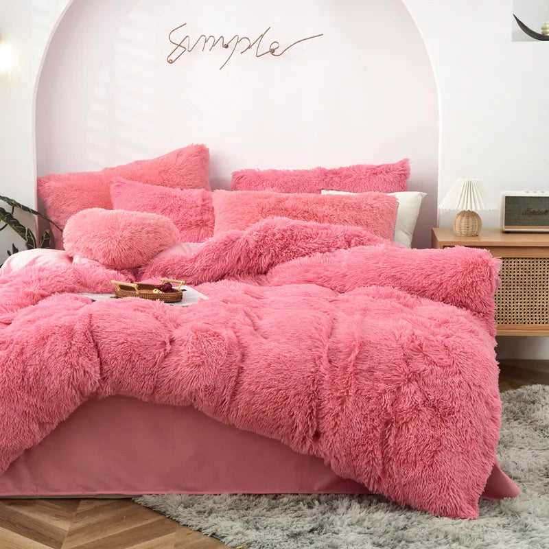 Long Hair Bedding Set,Green Mink Flannel Velvet Duvet Cover Set,Solid Warm Fleece Winter Bed Linens, 3/4pcs Queen Home Bedding