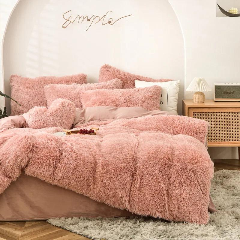 Long Hair Bedding Set,Green Mink Flannel Velvet Duvet Cover Set,Solid Warm Fleece Winter Bed Linens, 3/4pcs Queen Home Bedding