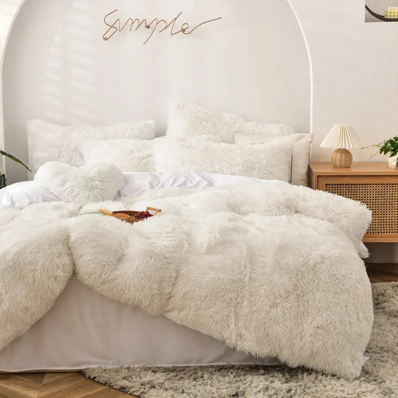 Long Hair Bedding Set,Green Mink Flannel Velvet Duvet Cover Set,Solid Warm Fleece Winter Bed Linens, 3/4pcs Queen Home Bedding
