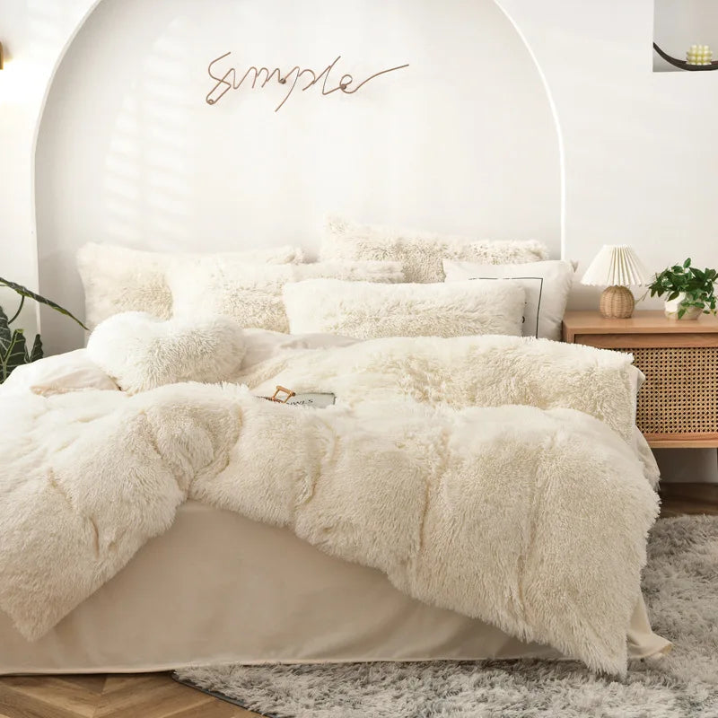 Long Hair Bedding Set,Green Mink Flannel Velvet Duvet Cover Set,Solid Warm Fleece Winter Bed Linens, 3/4pcs Queen Home Bedding