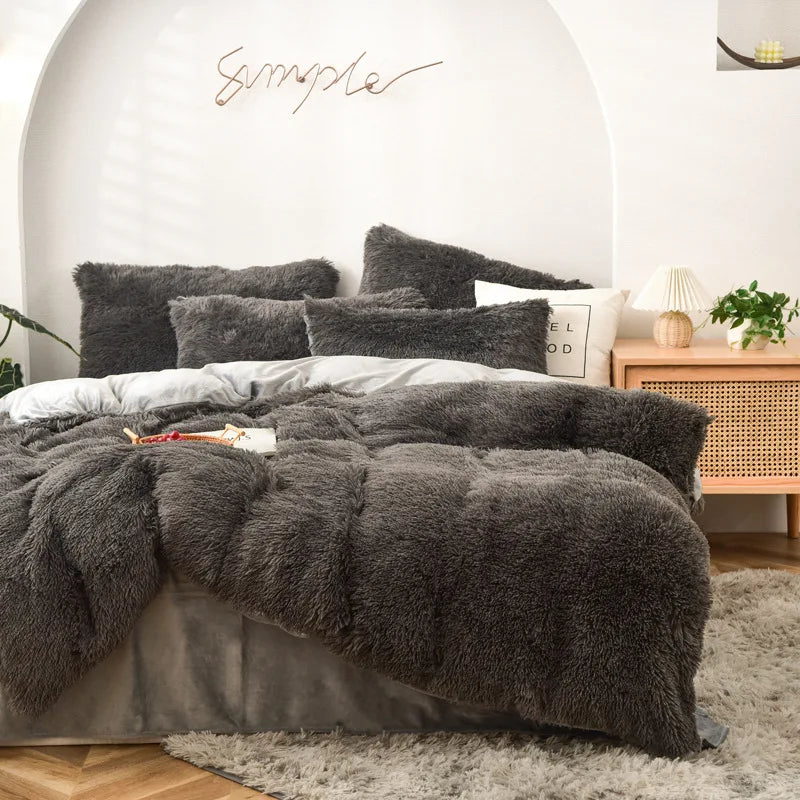Long Hair Bedding Set,Green Mink Flannel Velvet Duvet Cover Set,Solid Warm Fleece Winter Bed Linens, 3/4pcs Queen Home Bedding