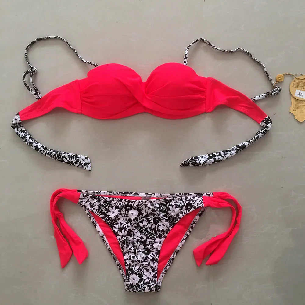 Ensemble Bikini à Bandes Unies avec Sangles, Bikini Push-Up Blanc, Maillot de Bain Brésilien Bandeau