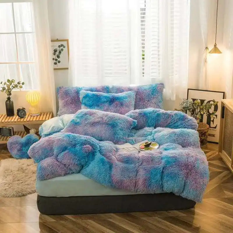 Long Hair Bedding Set,Green Mink Flannel Velvet Duvet Cover Set,Solid Warm Fleece Winter Bed Linens, 3/4pcs Queen Home Bedding