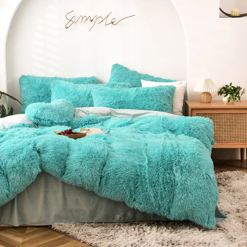 Long Hair Bedding Set,Green Mink Flannel Velvet Duvet Cover Set,Solid Warm Fleece Winter Bed Linens, 3/4pcs Queen Home Bedding