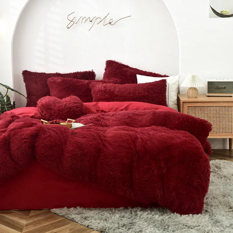 Long Hair Bedding Set,Green Mink Flannel Velvet Duvet Cover Set,Solid Warm Fleece Winter Bed Linens, 3/4pcs Queen Home Bedding