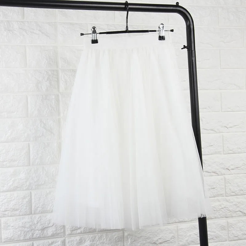TingYiLi 4 Layers Tulle Skirts Womens Black Gray White Adult Tulle Skirt Elastic High Waist Pleated Midi Skirt