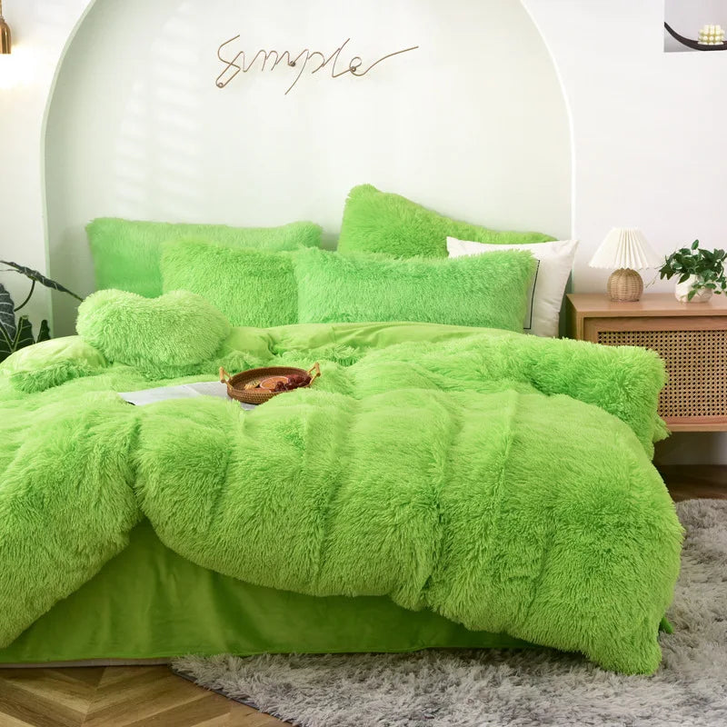 Long Hair Bedding Set,Green Mink Flannel Velvet Duvet Cover Set,Solid Warm Fleece Winter Bed Linens, 3/4pcs Queen Home Bedding