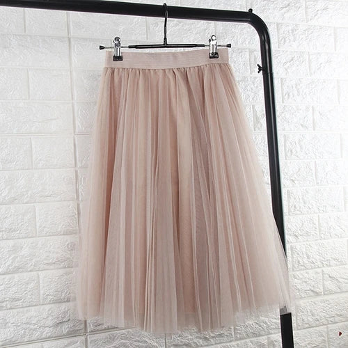 TingYiLi 4 Layers Tulle Skirts Womens Black Gray White Adult Tulle Skirt Elastic High Waist Pleated Midi Skirt