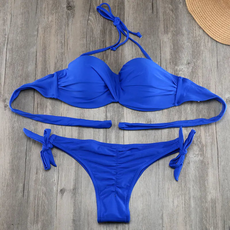 Ensemble Bikini à Bandes Unies avec Sangles, Bikini Push-Up Blanc, Maillot de Bain Brésilien Bandeau