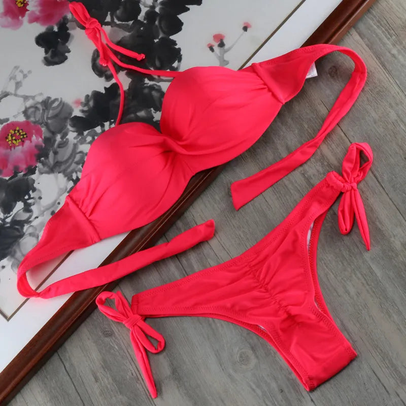 Ensemble Bikini à Bandes Unies avec Sangles, Bikini Push-Up Blanc, Maillot de Bain Brésilien Bandeau