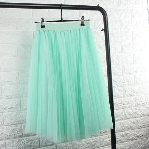 TingYiLi 4 Layers Tulle Skirts Womens Black Gray White Adult Tulle Skirt Elastic High Waist Pleated Midi Skirt