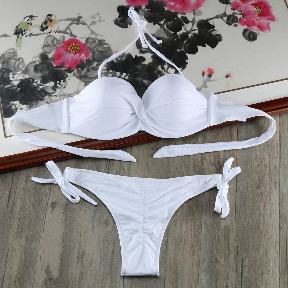 Ensemble Bikini à Bandes Unies avec Sangles, Bikini Push-Up Blanc, Maillot de Bain Brésilien Bandeau