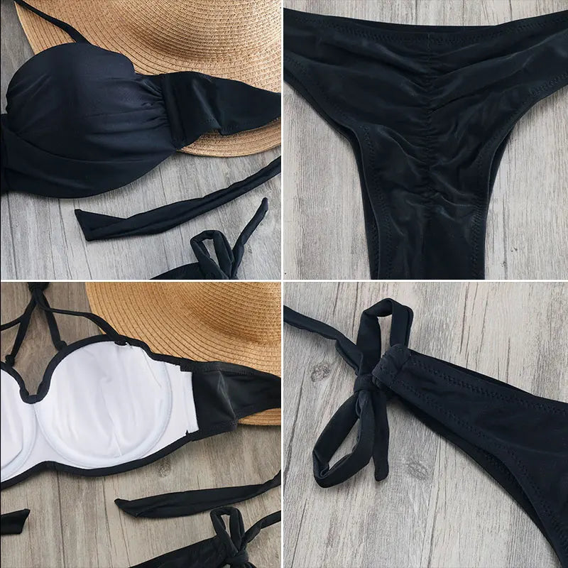 Ensemble Bikini à Bandes Unies avec Sangles, Bikini Push-Up Blanc, Maillot de Bain Brésilien Bandeau