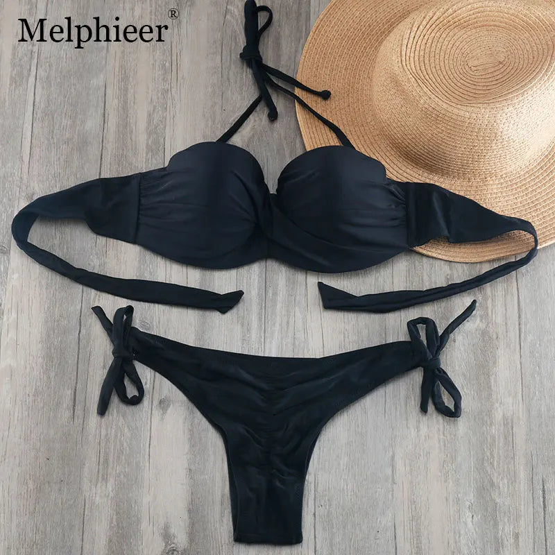 Ensemble Bikini à Bandes Unies avec Sangles, Bikini Push-Up Blanc, Maillot de Bain Brésilien Bandeau