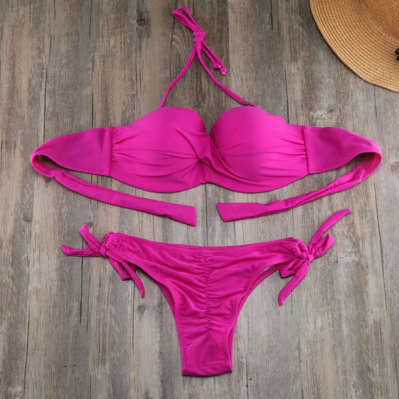 Ensemble Bikini à Bandes Unies avec Sangles, Bikini Push-Up Blanc, Maillot de Bain Brésilien Bandeau
