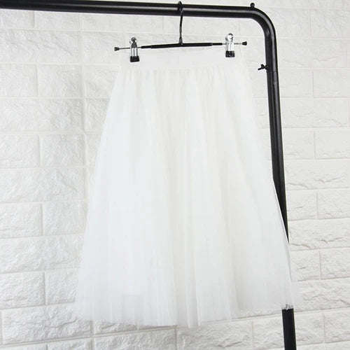 TingYiLi 4 Layers Tulle Skirts Womens Black Gray White Adult Tulle Skirt Elastic High Waist Pleated Midi Skirt