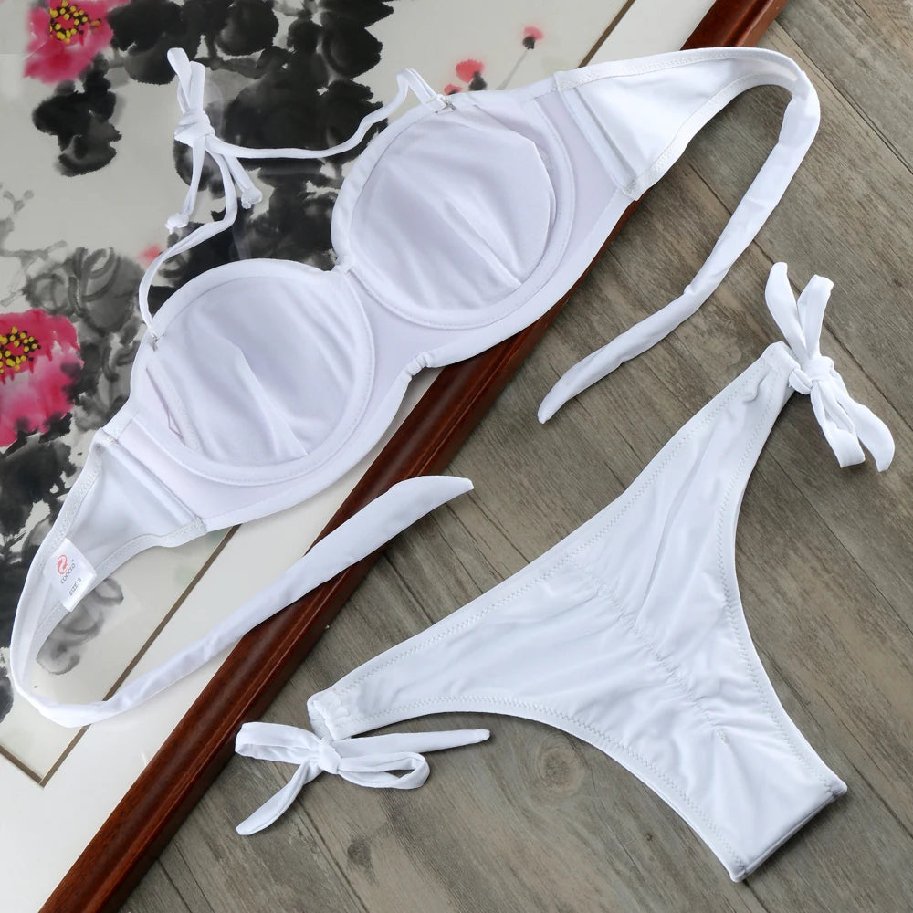Ensemble Bikini à Bandes Unies avec Sangles, Bikini Push-Up Blanc, Maillot de Bain Brésilien Bandeau