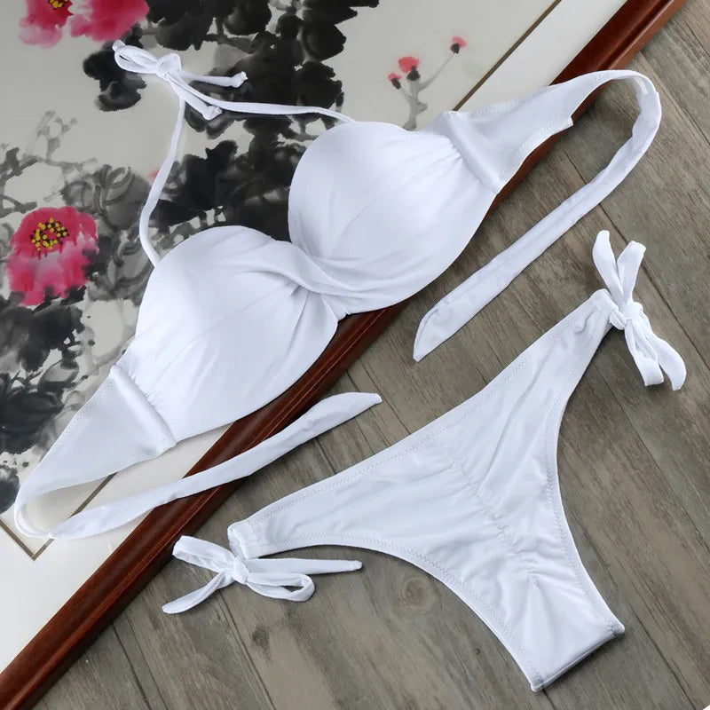 Ensemble Bikini à Bandes Unies avec Sangles, Bikini Push-Up Blanc, Maillot de Bain Brésilien Bandeau